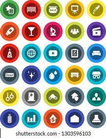 White Solid Icon Set- shining vector, presentation, graph, dollar growth, first aid kit, gymnast rings, glass, cinema clap, antenna, remote control, internet, group, mail, dropper, pills, microscope