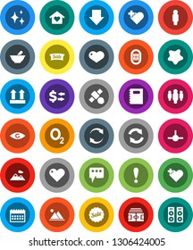White Solid Icon Set- shining vector, splotch, copybook, exchange, man, arrow down, calendar, stadium, heart cross, oxygen, attention, satellite, top sign, eye, mortar, connect, message, refresh