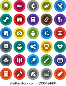 White Solid Icon Set- shining vector, washing powder, meat hammer, copybook, pen, apple fruit, presentation, molecule, man, dollar calendar, cent sign, shorts, bone, satellite, car, camera, crutches