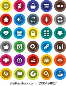 White Solid Icon Set- shining vector, splotch, atom, exchange, pie graph, man, calendar, oxygen, attention, equalizer, link, heart cross, eye, gender sign, mortar, refresh, route arrow, connection