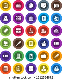 White Solid Icon Set- shining window vector, pencil, student, pen, clipboard, archive, manager, case, binder, receipt, diagnostic monitor, network folder, router, user, apartments, office building