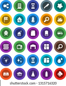White Solid Icon Set- shining vector, window cleaning, splotch, towel, knife, cutting board, hand mill, bbq, school bus, percent growth, sand clock, dollar flag, water bottle, ship, tv, battery, usb
