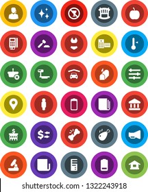 White Solid Icon Set- shining vector, thermometer, chicken leg, microscope, bank, exchange, auction, building, man, diet, swimsuite, no alcohol sign, big scales, newspaper, loudspeaker, battery, pin