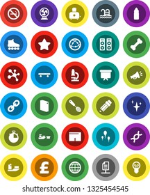 White Solid Icon Set- shining vector, washing powder, skimmer, toaster, pencil, microscope, presentation board, pound, stopwatch, shorts, roller Skates, skateboard, molecule, water bottle, pool, dna