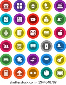 White Solid Icon Set- shining window vector, measuring cup, turk coffee, toaster, graduate hat, school bus, personal information, university, bank, diet, fitball, enegry drink, cereals, breads, dna