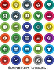 White Solid Icon Set- shining vector, mixer, atom, exchange, pie graph, calendar, target, heart cross, stadium, attention, satellite, eye, mortar, connect, disconnection, favorites, message, clothes