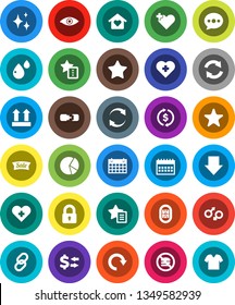 White Solid Icon Set- shining vector, exchange, pie graph, arrow down, calendar, no fastfood, heart cross, stadium, top sign, link, favorites, eye, gender, blood drop, message, refresh, redo, lock