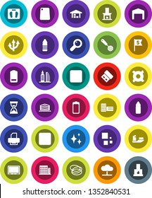 White Solid Icon Set- shining vector, skimmer, cutting board, school building, sand clock, dollar flag, any currency, scales, water bottle, hoop, ship, battery, stop button, rec, magnifier, loading