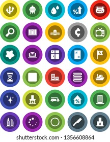 White Solid Icon Set- shining vector, window cleaning, splotch, towel, knife, bbq, school building, bus, magnifier, percent growth, sand clock, dollar flag, cent sign, hoop, ship, backward button