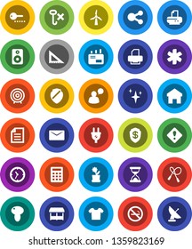 White Solid Icon Set- shining vector, mushroom, corner ruler, document, target, jump rope, no smoking, clock, hook, speaking man, speaker, ambulance star, sand, shield, share, home, mail, windmill