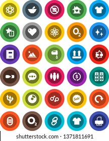 White Solid Icon Set- shining vector, mixer, copybook, atom, exchange, pie graph, man, no fastfood, oxygen, stadium, top sign, link, heart, gender, mortar, disconnection, favorites, message, redo