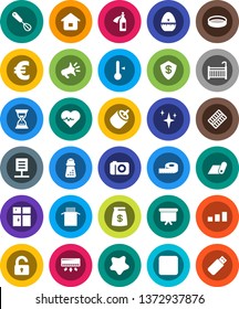 White Solid Icon Set- shining vector, splotch, window, cook timer, whisk, hand mill, thermometer, sieve, pasta, sand clock, presentation board, euro sign, measuring, heart pulse, fitness mat, rca