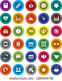 White Solid Icon Set- shining vector, splotch, copybook, pie graph, man, calendar, stadium, no fastfood, satellite, top sign, equalizer, link, favorites, heart cross, disconnection, message, refresh