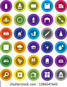 White Solid Icon Set- shining vector, window, towel, skimmer, knife, hand mill, school building, bus, percent growth, dollar flag, any currency, scales, water bottle, hoop, battery, backward button