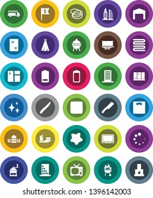 White Solid Icon Set- shining vector, window cleaning, splotch, towel, knife, hand mill, bbq, school building, bus, dollar flag, scales, hoop, ship, truck trailer, battery, backward button, loading