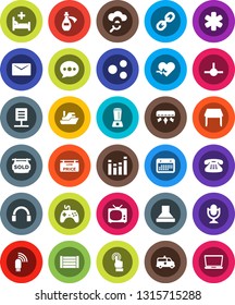 White Solid Icon Set- ship vector, calendar, wood box, gamepad, equalizer, microphone, touchscreen, headphones, classic phone, link, ambulance star, heart pulse, hospital bed, amkbulance car, potion