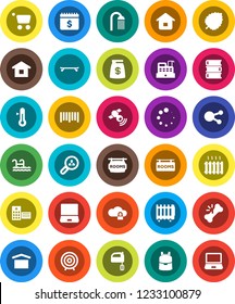 White Solid Icon Set- shower vector, mixer, thermometer, book, backpack, leaf, target, dollar calendar, skateboard, dry cargo, barcode, satellitie, notebook pc, social media, broken bone, cloud lock