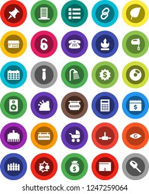 White Solid Icon Set- shower vector, mixer, calculator, leaf, pie graph, money bag, dollar medal, tie, calendar, shorts, flammable, classic phone, link, speaker, thumbtack, eye, hospital building