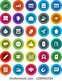 White Solid Icon Set- shower vector, plates, potato, ruler, case, medal, magnet, scissors, archive, graph, calculator, man, arrow up, enegry drink, calendar, stairways run, signpost, plane, package