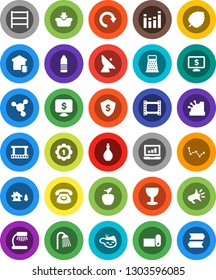 White Solid Icon Set- shower vector, oil, grater, apple fruit, table lamp, molecule, leaf, constellation, laptop graph, dollar shield, monitor, medal, water bottle, fitness mat, glass, shelving