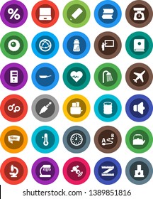 White Solid Icon Set- shower vector, pan, kettle, scales, hand mill, toaster, thermometer, pencil, blackboard, table lamp, clock, measuring, heart pulse, plane, oil barrel, route, satellitie, jack