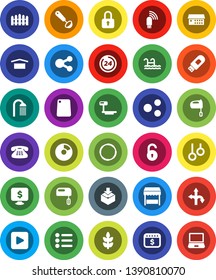 White Solid Icon Set- shower vector, ladle, cutting board, mixer, pie graph, dollar calendar, monitor, cereals, hoop, gymnast rings, route, dry cargo, package, big scales, classic phone, play button