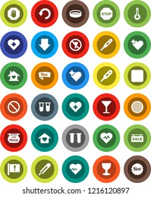 White Solid Icon Set- sieve vector, arrow down, heart pulse, prohibition sign, no alcohol, cross, attention, glass, rec button, thermometer, vial, undo, stop, sale signboard, low price, love home