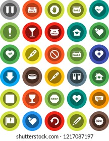 White Solid Icon Set- sieve vector, arrow down, heart pulse, prohibition sign, cross, attention, glass, rec button, thermometer, vial, undo, stop, sale signboard, low price, love home, new