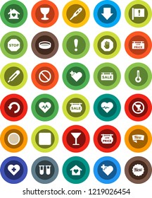 White Solid Icon Set- sieve vector, arrow down, heart pulse, prohibition sign, no alcohol, cross, attention, glass, rec button, thermometer, vial, undo, stop, sale signboard, low price, love home