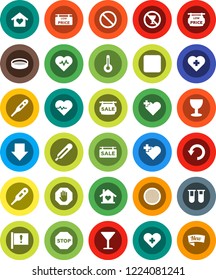 White Solid Icon Set- sieve vector, arrow down, heart pulse, prohibition sign, no alcohol, cross, attention, glass, rec button, thermometer, vial, undo, stop, sale signboard, low price, love home