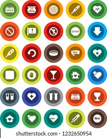 White Solid Icon Set- sieve vector, arrow down, heart pulse, prohibition sign, no alcohol, cross, attention, glass, rec button, thermometer, vial, undo, stop, sale signboard, low price, love home