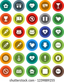 White Solid Icon Set- sieve vector, arrow down, heart pulse, prohibition sign, no alcohol, cross, attention, glass, rec button, thermometer, vial, stop, sale signboard, low price, love home, new
