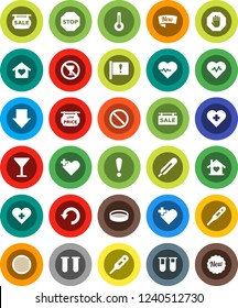 White Solid Icon Set- sieve vector, arrow down, heart pulse, prohibition sign, no alcohol, cross, attention, glass, thermometer, vial, undo, stop, sale signboard, low price, love home, new