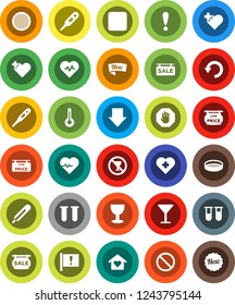 White Solid Icon Set- sieve vector, arrow down, heart pulse, prohibition sign, no alcohol, cross, attention, glass, rec button, thermometer, vial, undo, stop, sale signboard, low price, love home