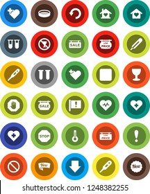 White Solid Icon Set- sieve vector, arrow down, heart pulse, prohibition sign, no alcohol, cross, attention, glass, rec button, thermometer, vial, undo, stop, sale signboard, low price, love home