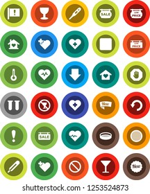 White Solid Icon Set- sieve vector, arrow down, heart pulse, prohibition sign, no alcohol, cross, attention, glass, rec button, thermometer, vial, undo, stop, sale signboard, low price, love home