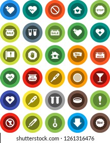 White Solid Icon Set- sieve vector, arrow down, heart pulse, prohibition sign, no alcohol, cross, attention, glass, thermometer, vial, stop, sale signboard, low price, love home, new