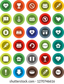 White Solid Icon Set- sieve vector, arrow down, heart pulse, prohibition sign, no alcohol, cross, attention, glass, rec button, thermometer, vial, undo, stop, sale signboard, low price, love home