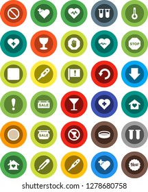 White Solid Icon Set- sieve vector, arrow down, heart pulse, prohibition sign, no alcohol, cross, attention, glass, rec button, thermometer, vial, undo, stop, sale signboard, love home, new