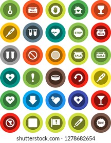 White Solid Icon Set- sieve vector, arrow down, heart pulse, prohibition sign, no alcohol, cross, attention, glass, rec button, thermometer, vial, undo, stop, sale signboard, low price, love home