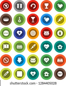 White Solid Icon Set- sieve vector, arrow down, heart pulse, prohibition sign, no alcohol, cross, attention, glass, rec button, thermometer, vial, undo, stop, sale signboard, low price, love home