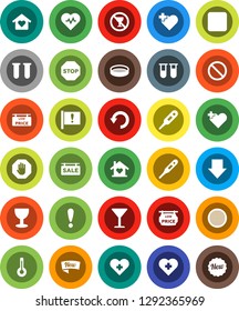 White Solid Icon Set- sieve vector, arrow down, heart pulse, prohibition sign, no alcohol, cross, attention, glass, rec button, thermometer, vial, undo, stop, sale signboard, low price, love home