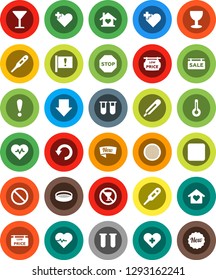 White Solid Icon Set- sieve vector, arrow down, heart pulse, prohibition sign, no alcohol, cross, attention, glass, rec button, thermometer, vial, undo, stop, sale signboard, low price, love home