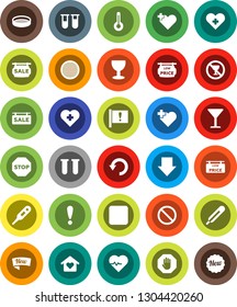 White Solid Icon Set- sieve vector, arrow down, heart pulse, prohibition sign, no alcohol, cross, attention, glass, rec button, thermometer, vial, undo, stop, sale signboard, low price, love home