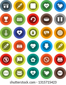 White Solid Icon Set- sieve vector, arrow down, heart pulse, prohibition sign, no alcohol, cross, attention, glass, rec button, thermometer, vial, undo, stop, sale signboard, low price, love home