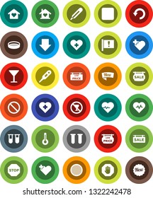 White Solid Icon Set- sieve vector, arrow down, heart pulse, prohibition sign, no alcohol, cross, attention, glass, rec button, thermometer, vial, undo, stop, sale signboard, low price, love home