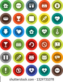 White Solid Icon Set- sieve vector, arrow down, heart pulse, prohibition sign, no alcohol, cross, attention, glass, rec button, thermometer, vial, undo, stop, sale signboard, low price, love home