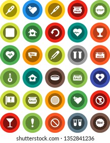 White Solid Icon Set- sieve vector, heart pulse, prohibition sign, no alcohol, cross, attention, glass, rec button, thermometer, vial, undo, stop, sale signboard, low price, love home, new
