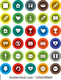 White Solid Icon Set- sieve vector, arrow down, heart pulse, no alcohol sign, cross, attention, glass, rec button, thermometer, vial, undo, stop, sale signboard, low price, love home, new