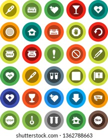 White Solid Icon Set- sieve vector, arrow down, heart pulse, prohibition sign, cross, attention, glass, rec button, thermometer, vial, undo, stop, sale signboard, low price, love home, new